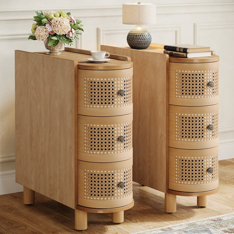Solid Wood End Table, 3-Drawer Rattan Side Table, Night Stand with Exquisite Embossed Handles - Oak - 2PCS