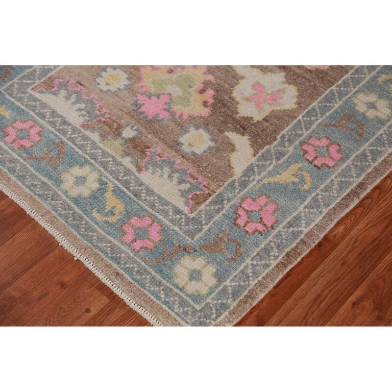 Hand Knotted Oriental 100% Wool Carpet Transitional Floral Brown Oushak Runner Rug - 14' 11'' X 3' 2''