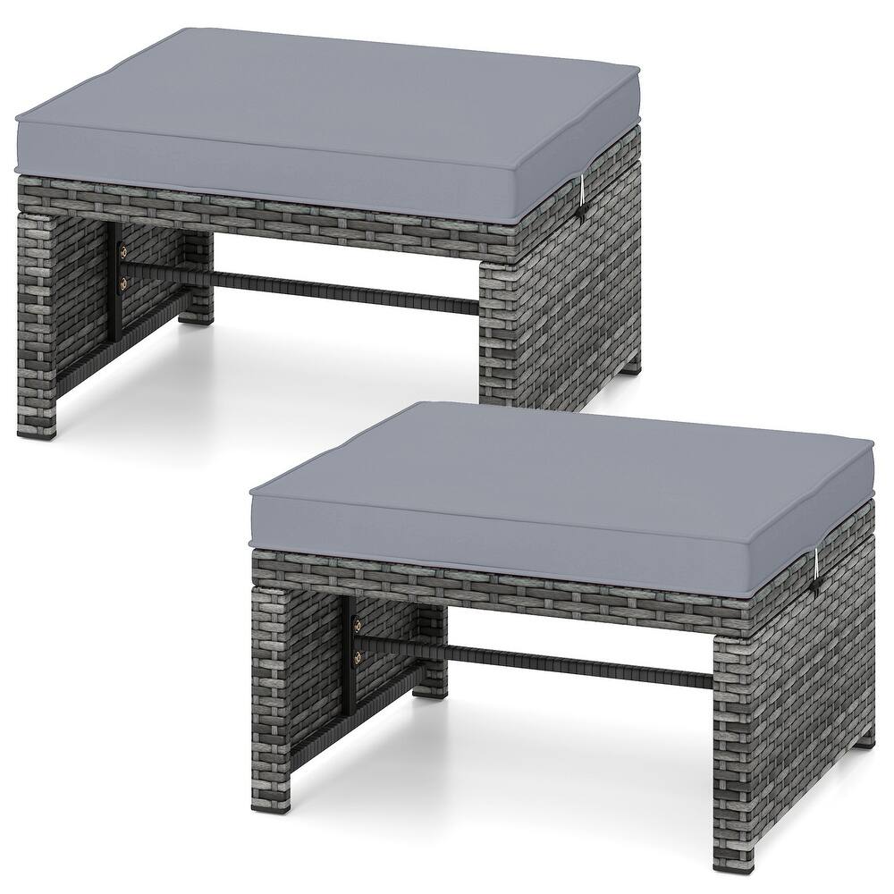 Gymax 2 Pieces Patio PE Rattan Ottomans with Soft Zippered Cushions