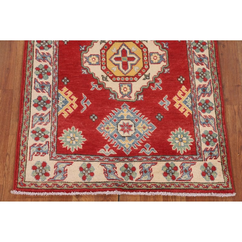 Geometric Kazak Foyer Rug Hand-Knotted Traditional Wool Carpet - 2'8" x 3'11"