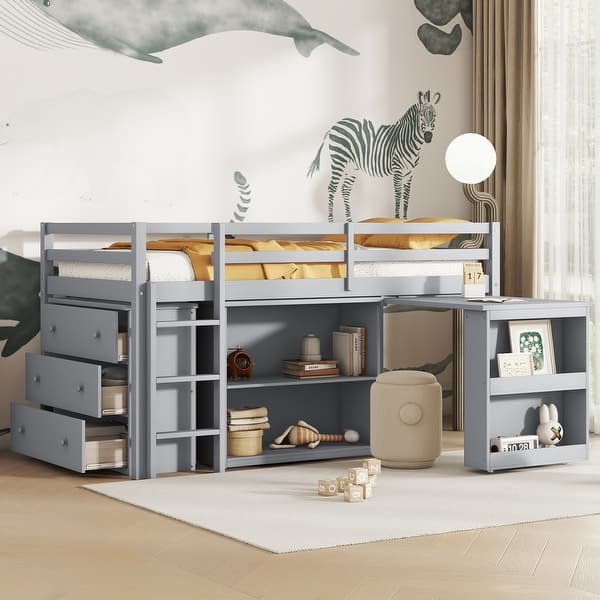 slide 2 of 23, Twin Loft Bed w/Drawer, Shelf, Pull-Out Desk, Rubber Wood Frame, Safety Guardrail Included. Grey