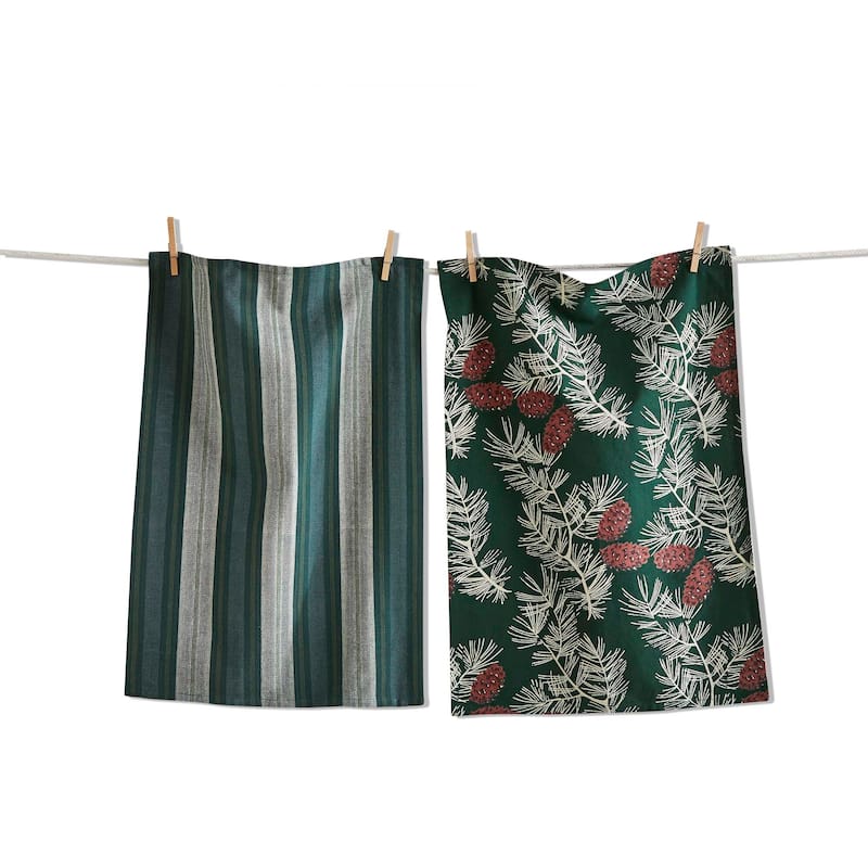 Wilde Pinecone Dishtowel Set - Green Multi Cotton Kitchen Towels for Christmas - Machine Washable, 26" x 18"