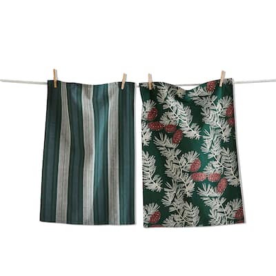 Wilde Pinecone Dishtowel Set - Green Multi Cotton Kitchen Towels for Christmas - Machine Washable, 26" x 18"