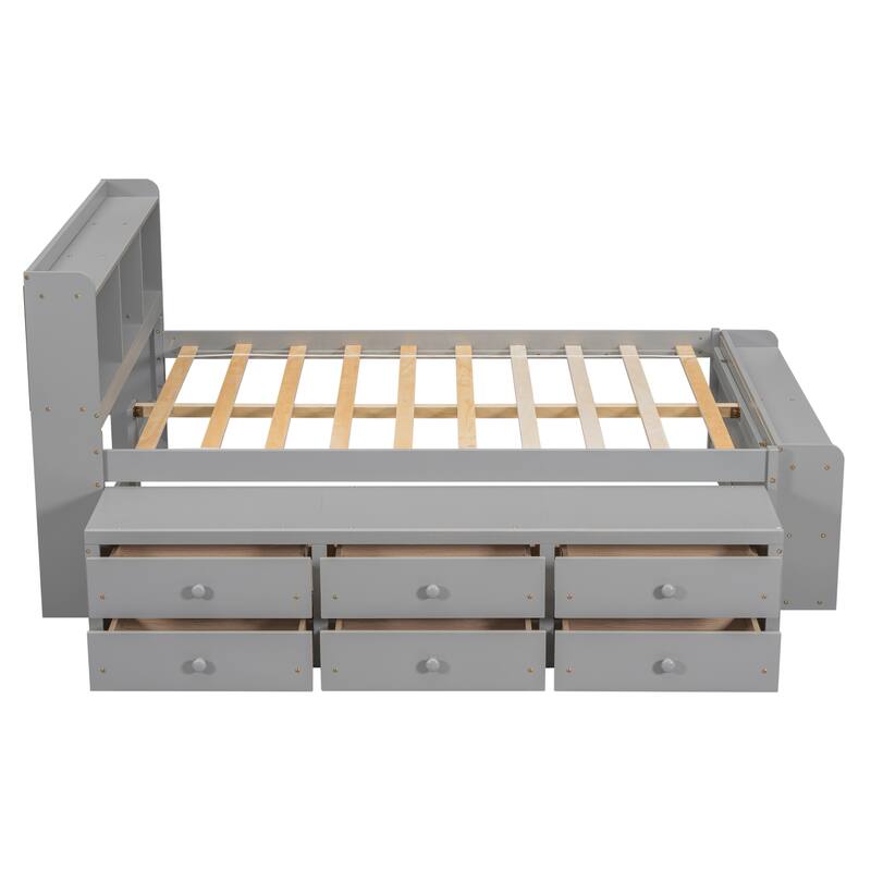Full Bookcase Captains Bed with Underbed Drawers, Bedend Storage Case
