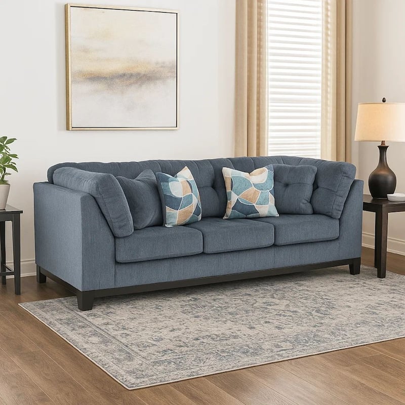 Maxo Sofa, 100 Inch Tufted Rich Blue Polyester, 5 Accent Throw Pillows
