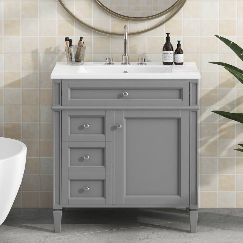Bathroom Vanity Cabinet with Door Rack, Drawers of Different Sizes, Metal Textured Knobs, Roman Leg Design and Adjustable Shelf