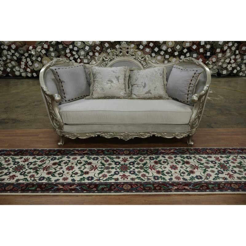 Hand Knotted Oriental 100% Wool Carpet Traditional All-Over Beige & Ivories Kashan Runner Rug - 11' 10'' X 2' 7''