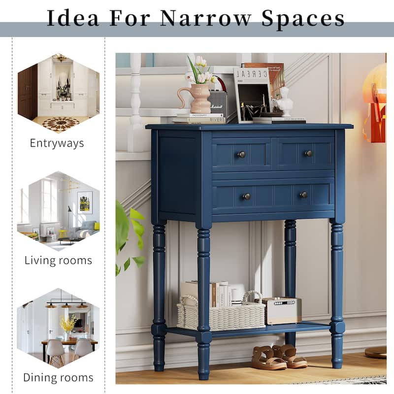 23.7" Narrow Entryway Table with 3 Drawers and Open Bottom Shelf, Slim Console Table for Living Room, Foyer, Hallway, Entryway