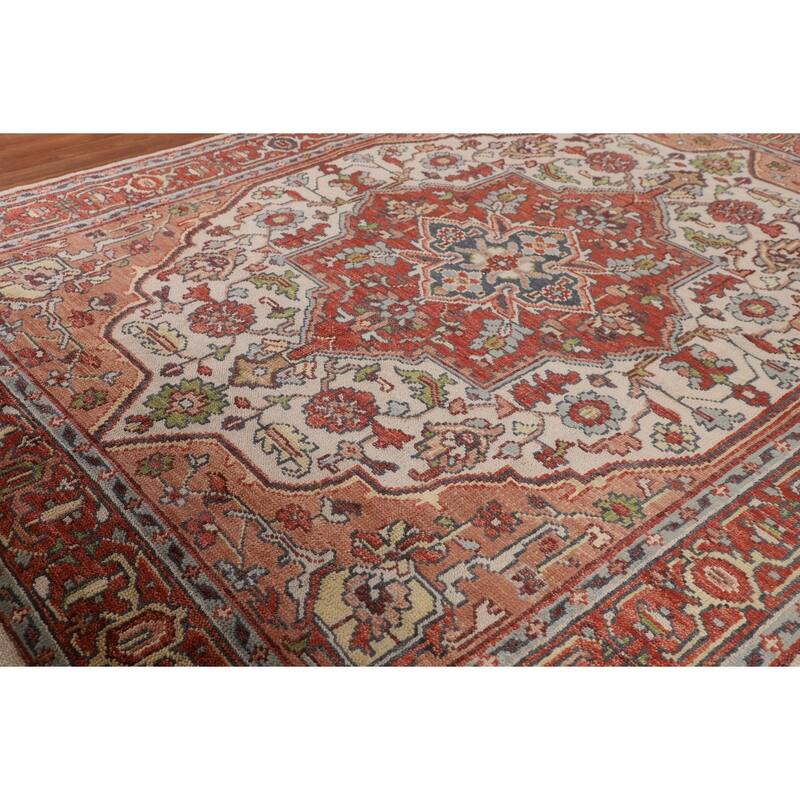 Ivory & Orange Heriz Serapi Indian Area Rug Handmade Wool Carpet - 7'10"x 9'11"