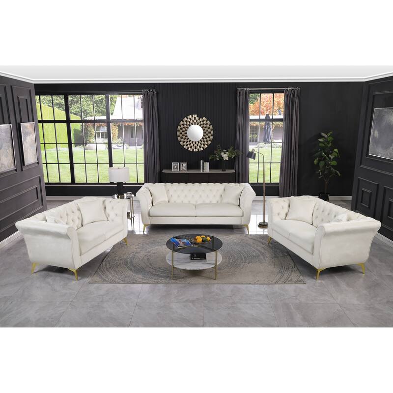 Chesterfield Velvet Upholstered 3 Seater Sofa, Tufted Button Deep Seat Sofa, Stanford Sofa with Scroll Arms & Scroll Back