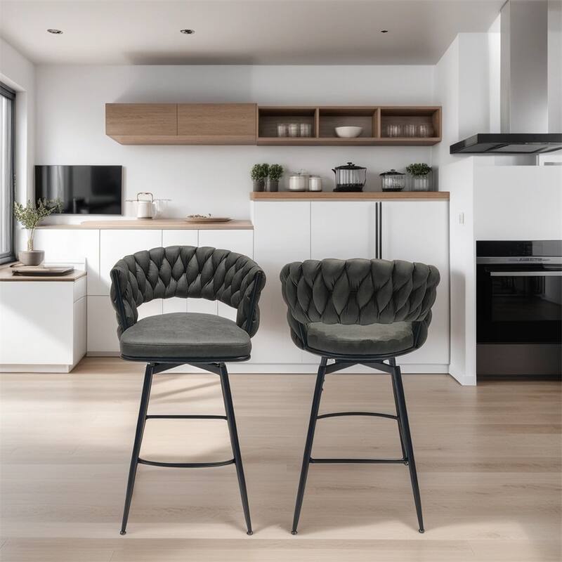 Swivel Upholstered Bar Stools with Back Footrest (Set of 2) - N/A - Tan-Suede