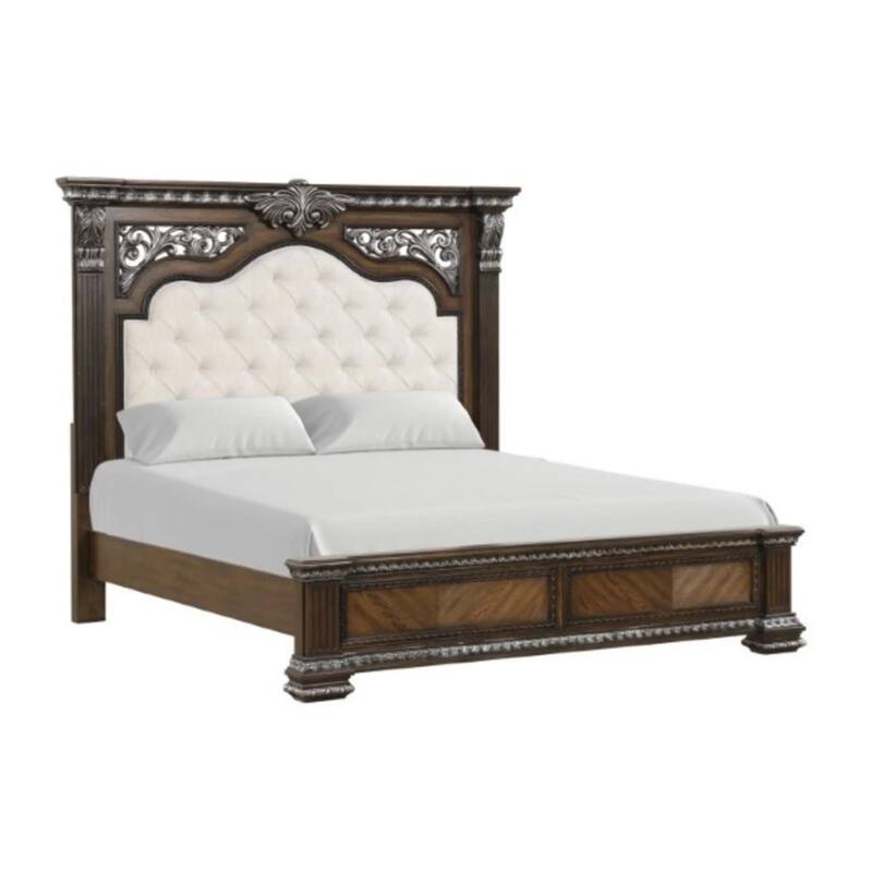 Naddy Queen Bed, White Fabric Pleated Upholstery, Espresso Brown Wood