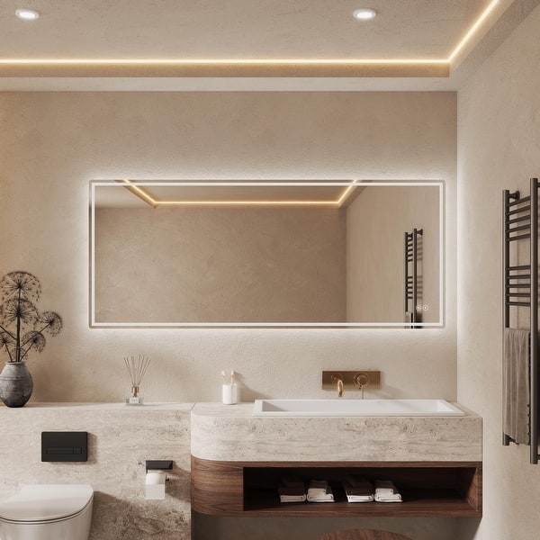 Soft LED mirror lighting integrated into a luxury villa bathroom