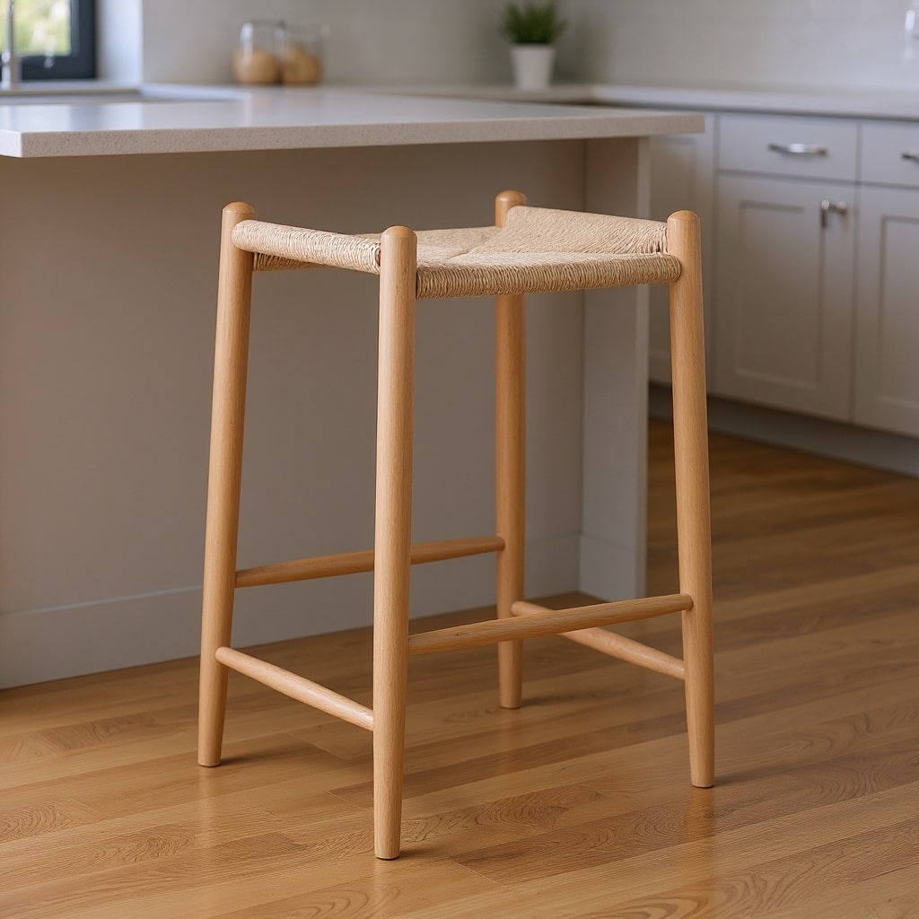 HomeRoots 27" Natural Rush and Solid Wood Backless Counter Height Bar Chair