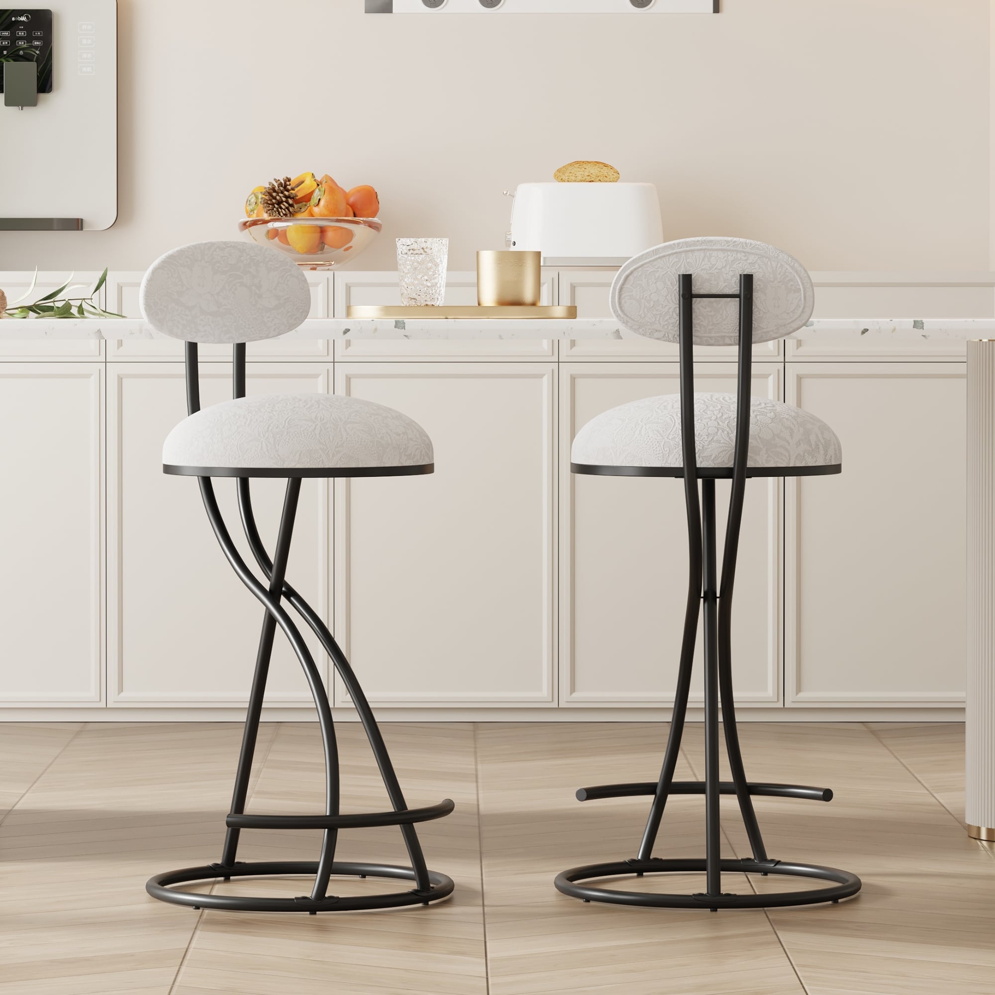 Lunara Set of 2 Armless Counter Height Bar Stools, Velvet Upholstered Seat, Metal S-Shaped Legs & Circular Backrest by GDFStudio