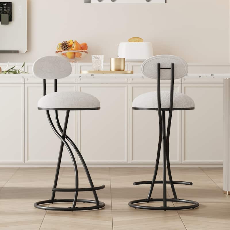 Round Print Bar Stools Set of 2 Metal Upholstered Chairs for Kitchen Island & Dining Rooms Counter Stools - Black & White Print