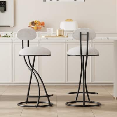 Round Upholstered Bar Stools Set of 2, Counter Height Bar Stools with Back, Kitchen Island Chairs with Footstool