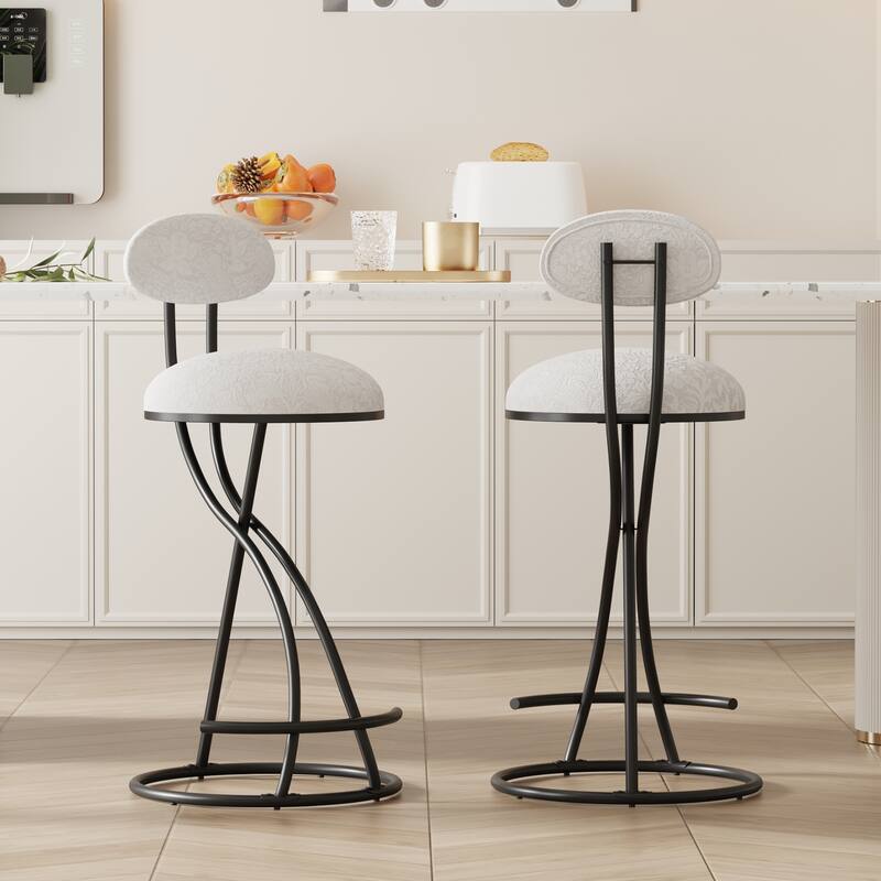 Set of 2 Round Print Bar Stools, Black Metal Upholstered Counter Height Chairs for Kitchen & Dining