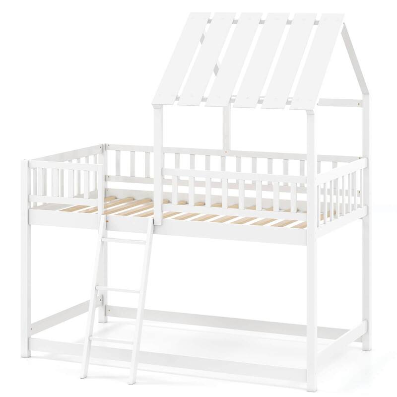 Costway Twin Over Twin House Bunk Bed with Roof, Ladder & Full-length