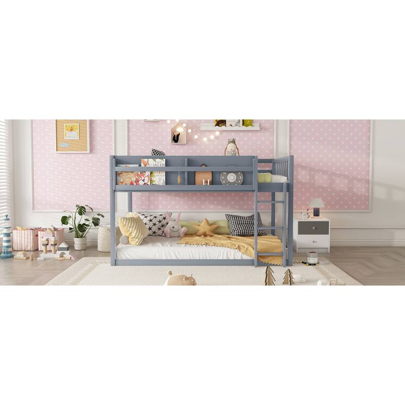 Roomfitters Twin Over Twin Bunk Bed, Low Floor Loft Platform Bed and Shelf with Wooden Frame for Bedroom
