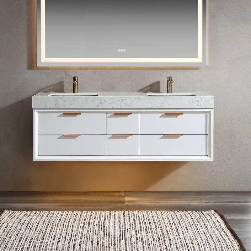 60 Inch Solid Wood Frame Wall-Mounted Bathroom Vanity Set with Double Ceramic Basin