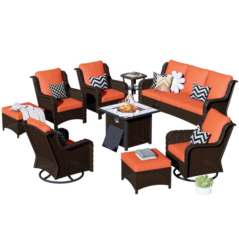 OVIOS 9-piece Patio Wicker Swivel Chair Set With 30" Fire Pit