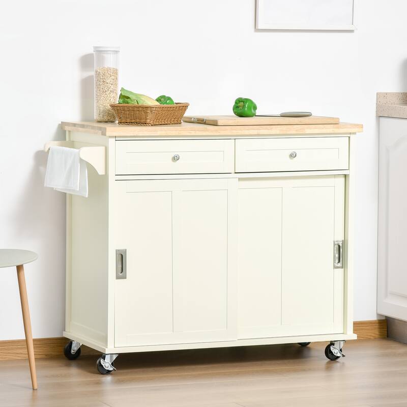 HOMCOM 43" Kitchen Island, Kitchen Storage Cart on Wheels with Sliding Doors, Cabinet, 2 Drawers, and Towel Rack, Cream White