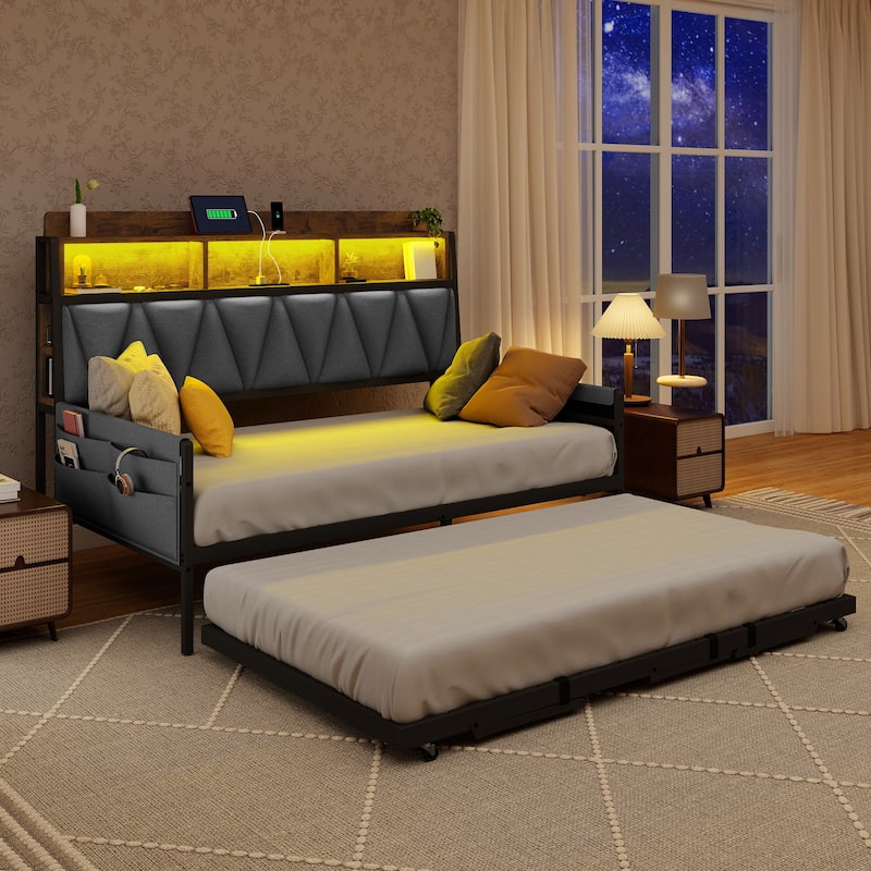 Twin Size Daybed with Trundle Heavy Duty Metal Frame RGB LED Lights Bookcase Headboard and Charging Station - Grey