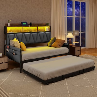 Twin Size Daybed with Trundle Heavy Duty Metal Frame RGB LED Lights Bookcase Headboard and Charging Station