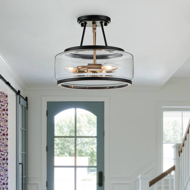 3 - Light Industrial-style Black Lantern Glass Semi Flush Mount