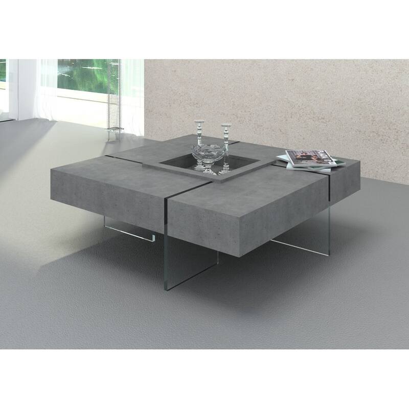 Modern Gray Faux Concrete and Glass Floating Coffee Table