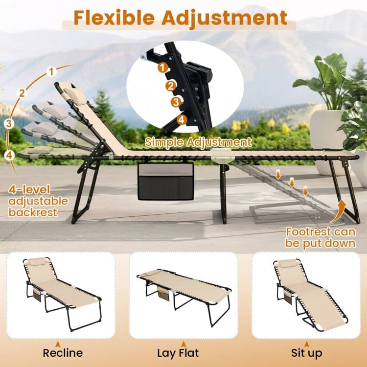Fabric Metal Oversized Folding Patio Chaise Lounge with Adjustable Backrest, Side Pocket - 66"-74" x 27" x 16"-34" (L x W x H)