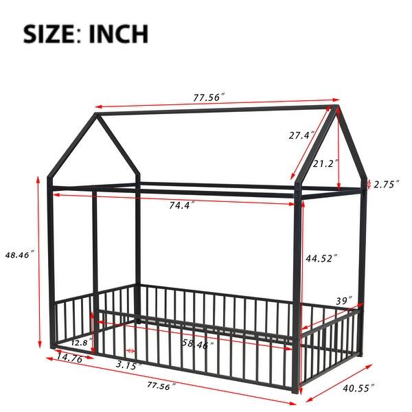 Black Twin Size Metal House Bed Frame with Fence and Roof for Kids, Teens, Girls, Boys