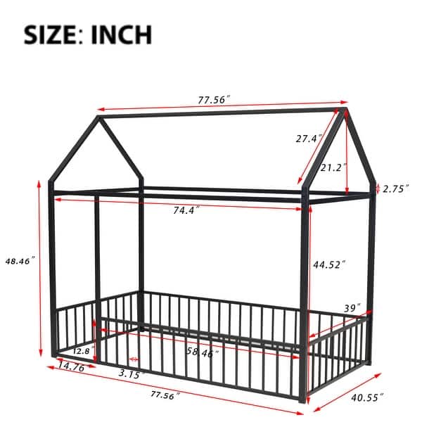 Twin Size House Bed with Rails, Metal Floor Bed for Kids, Montessori ...