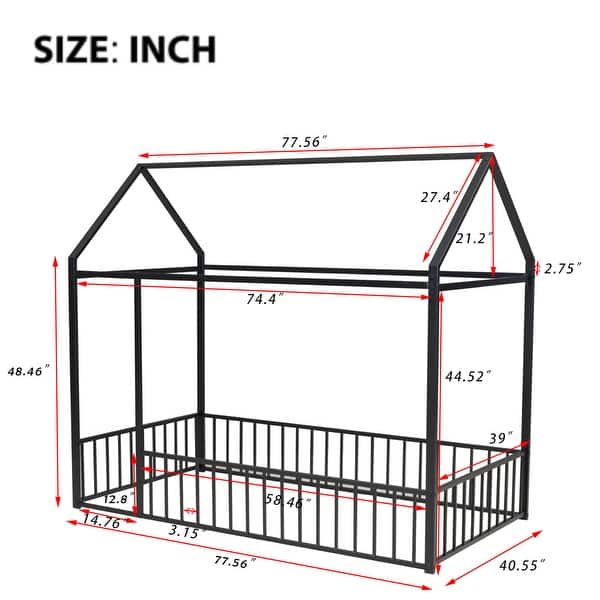 dimension image slide 1 of 3, Twin Size Metal House Bed Frame with Fence and Roof for Kids, Teens, Girls, Boys