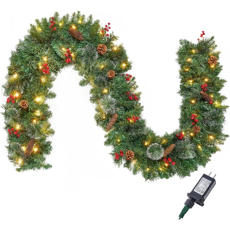 Joyfy Indoor/Outdoor Pre-lit Plug in 9-ft Pine Artificial Garland with Warm White LED Lights