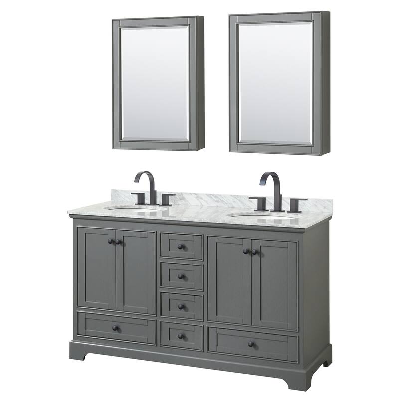 Deborah 60-inch Dark Gray Double Vanity, Oval Sinks, Med Cabs - Dark Gray, Black Trim, White Carrara Marble Top