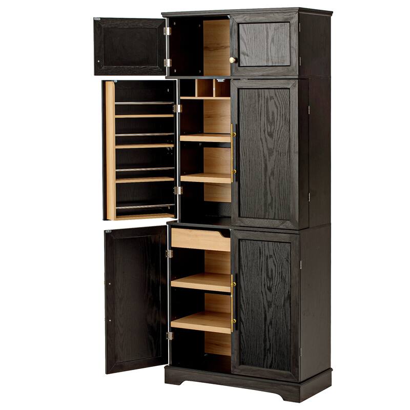 Roomfitters 78" Tall Farmhouse Kitchen Pantry Cabinet with 8 Door Shelves, Wine Rack & Hidden Drawer