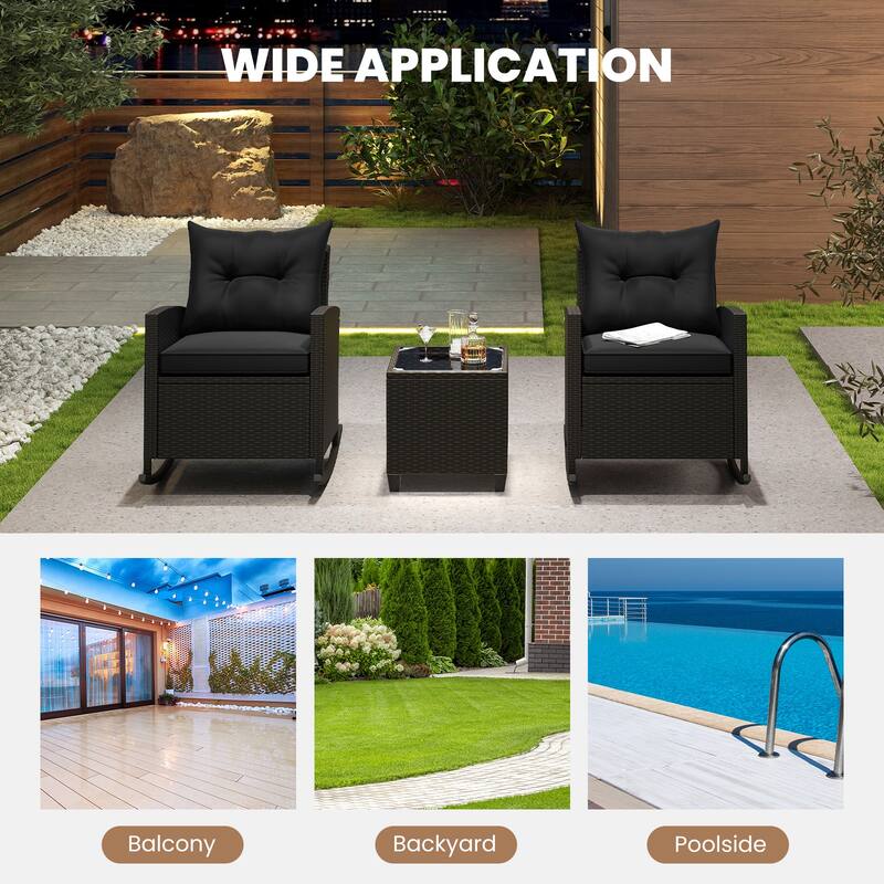 Gymax Set of 3 Wicker Rocking Set w/ Tempered Glass Table Patio