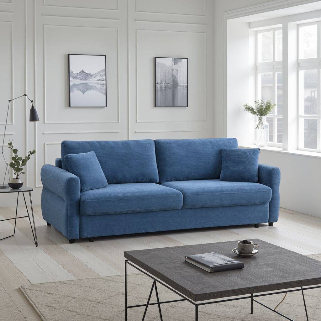 Sofa with Queen Size Pull Out Sleeper, 92 Inch Wood Frame, Blue Fabric