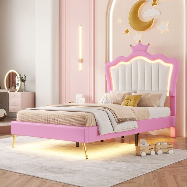 slide 2 of 6, Twin Size Upholstered Princess Bed with LED Lights, Crown Headboard