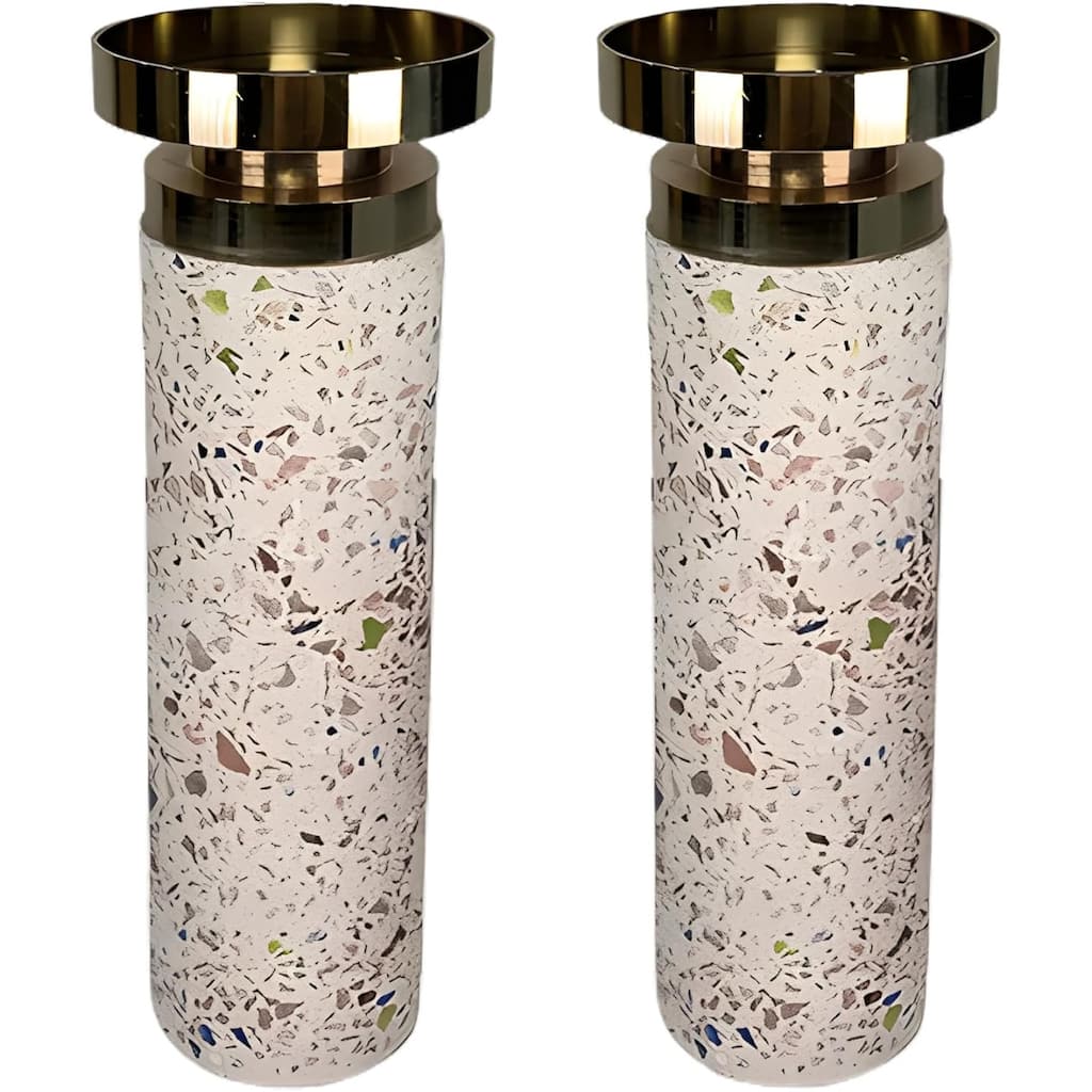 Pink Tall Cement Candlestick Set of Two with Gold Trim and Splattering