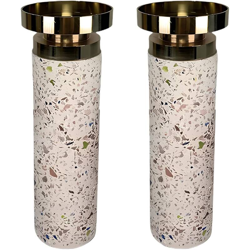 Pink Tall Cement Candlestick Set of Two with Gold Trim and Splattering - Pink