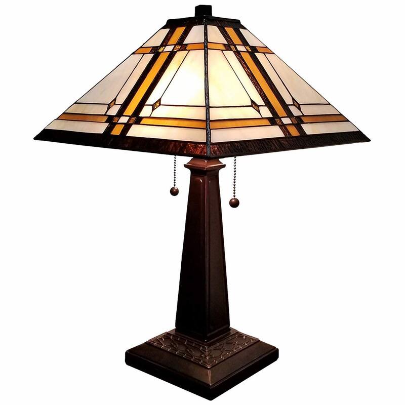 HomeRoots 23" White Amber and Brown Stained Glass Two Light Mission Style Table Lamp - 21 x 22 x 11