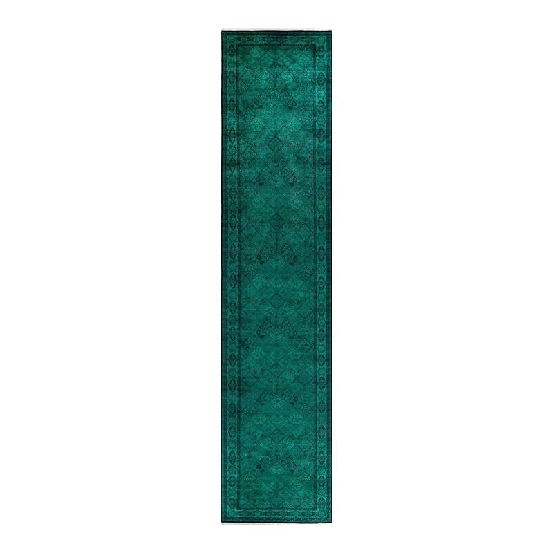 Overton Hand Knotted Wool Vintage Inspired Modern Contemporary Overdyed Green Runner Rug - 4' 3" x 19' 10"