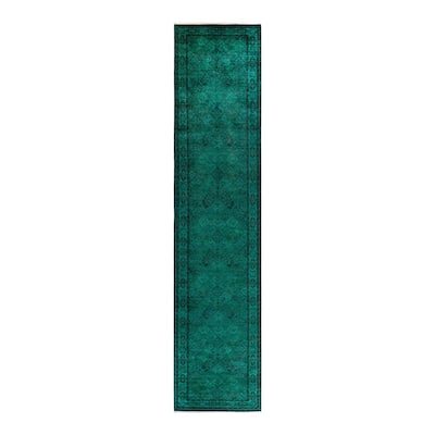 Overton Hand Knotted Wool Vintage Inspired Modern Contemporary Overdyed Green Runner Rug - 4' 3" x 19' 10"