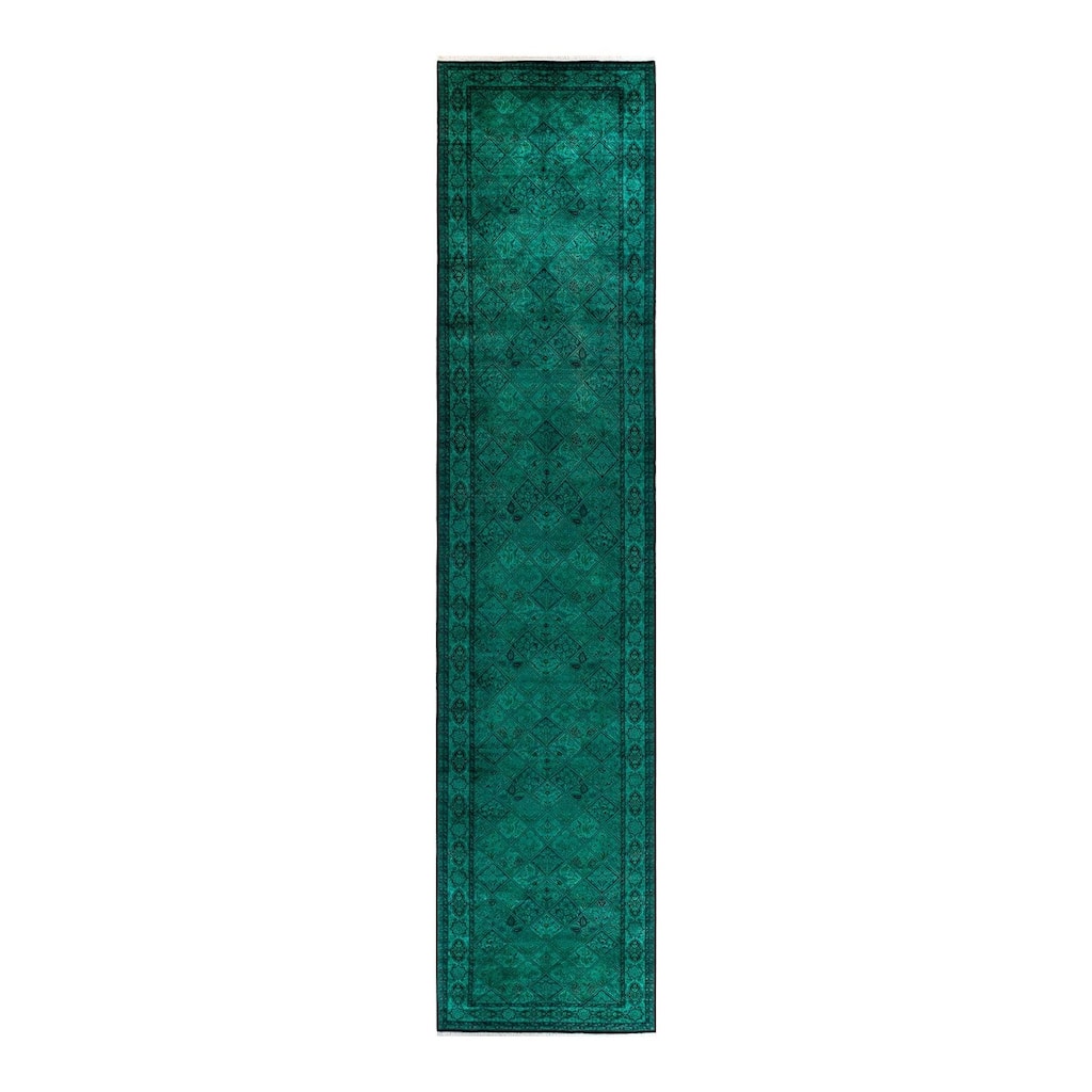 Overton Hand Knotted Wool Vintage Inspired Modern Contemporary Overdyed Green Runner Rug - 4' 3" x 19' 10"