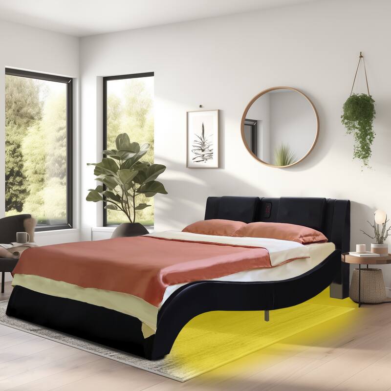 Queen Size Faux Leather Upholstered Platform Bed with led lighting
