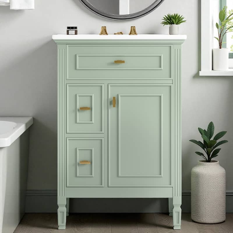 Modern 24-Inch Bathroom Vanity with Ceramic Sink, Solid Wood and MDF Cabinet with Flip Drawer, Drawers, and Adjustable Shelf - Green