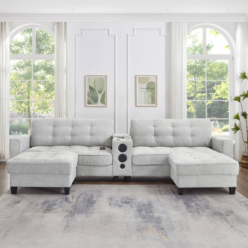 126" U-Shaped Sectional Sofa with Storage Ottomans & Bluetooth Speakers - Modular Couch with LED Lights, Console